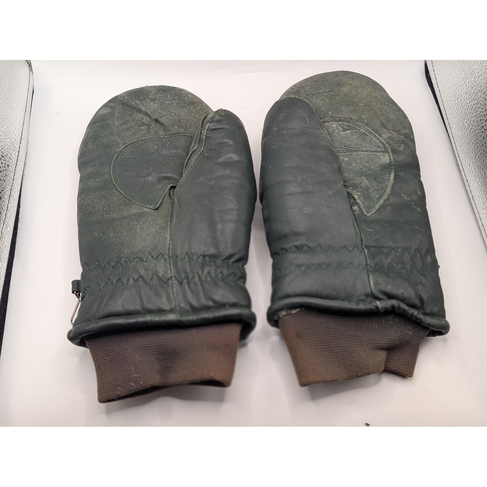Vintage Kombi Leather Mittens Forest Green Down Feather Insulated Winter Gloves